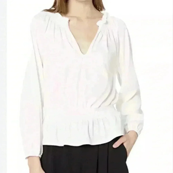 1. State crinkle texture smocked waist peplum top ecru white long sleeve small - Picture 1 of 7